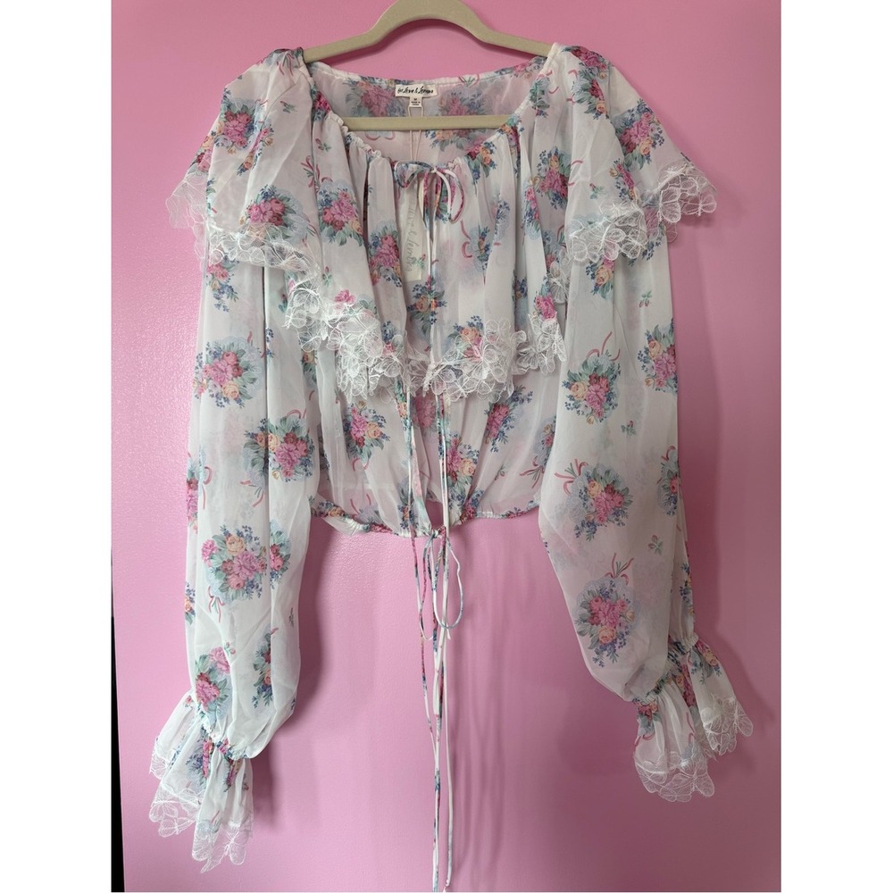 For Love & Lemons NWT Floral Lace Sheer Tie Front Blouse Romantic Cottagecore M